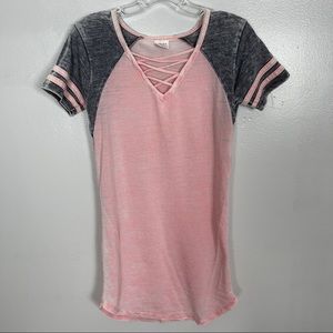 Exist Pink and Gray Crisscross Neck Baseball T-shirt Size Small
